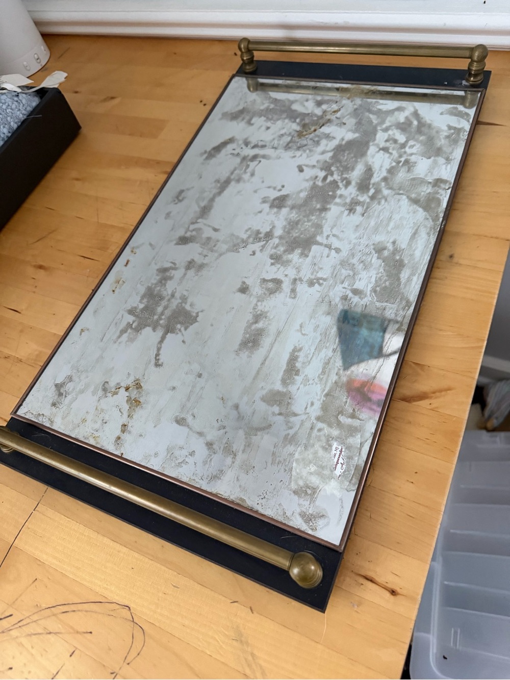 vintage vanity mirror gold handles tray 20x10.5